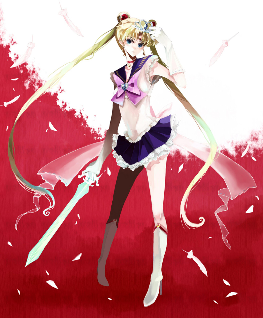 bishoujo_senshi_sailor_moon, blonde_hair, blue_eyes, boots, choker, crown, double_bun, elbow_gloves