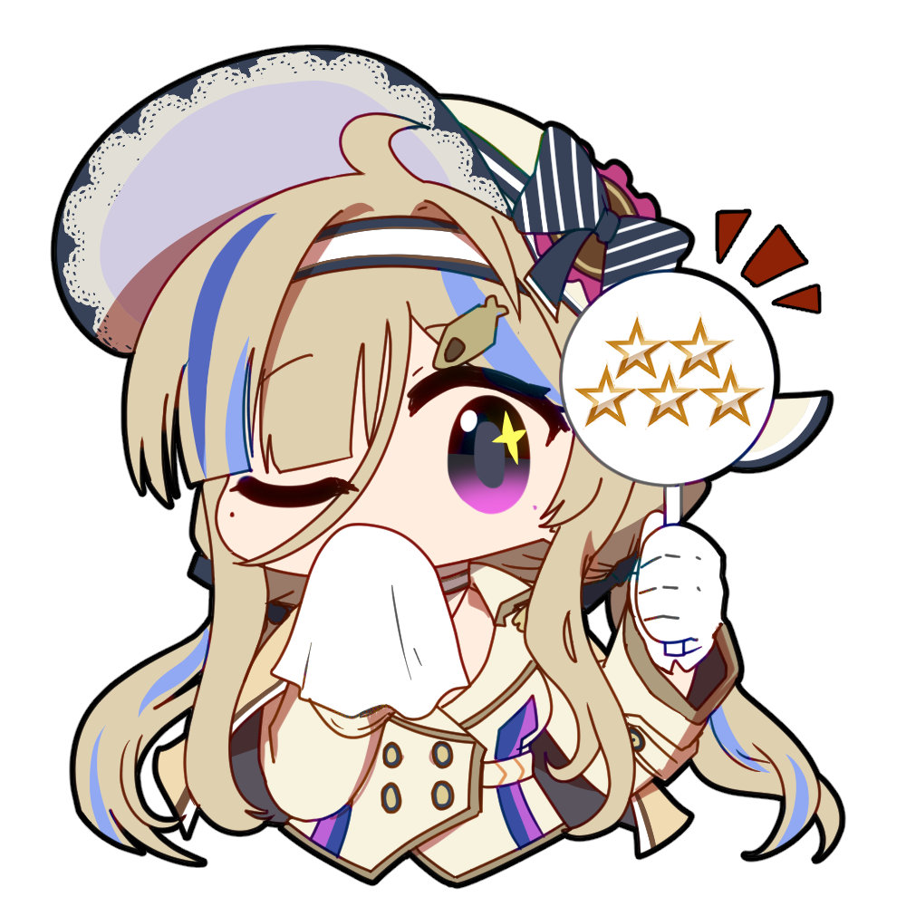 1girl, artist_request, blonde_hair, blue_hair, chibi, chibi_only, chinese_commentary, girls'_frontline_neural_cloud, girls_frontline, gloves, hairband, hat, holding, holding_sign, jacket, millau_(neural_cloud), official_art, one_eye_closed, score, second-party_source, sign, solo, sparkling_eyes, sun_hat, violet_eyes, white_gloves, wiping_mouth, yellow_jacket