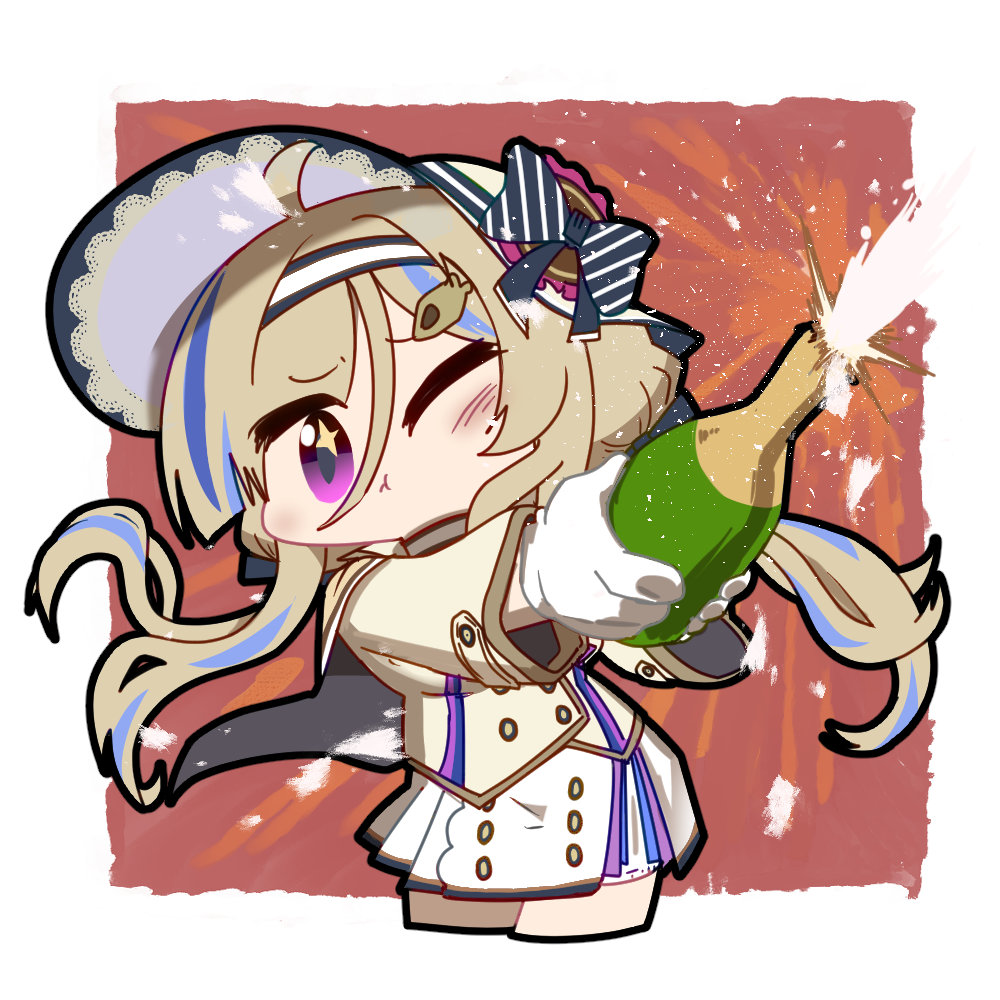 1girl, artist_request, blonde_hair, blue_hair, champagne_bottle, chibi, chibi_only, chinese_commentary