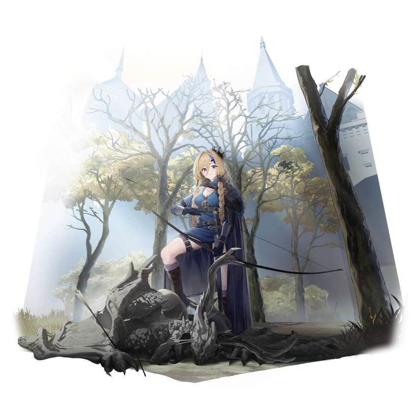 1girl, arrow_(projectile), arrow_in_ground, artist_request, blonde_hair, blue_dress, blue_hair, boots, bow_(weapon), braid, brown_boots, castle, cloak, dragon, dress, forest, fur-trimmed_cloak, fur_trim, game_cg, girls'_frontline_neural_cloud, girls_frontline, highres, holding, holding_bow_(weapon), holding_weapon, hunting, jewelry, looking_at_viewer, millau_(neural_cloud), nature, necklace, official_alternate_costume, official_art, smile, solo, standing_on_animal, sword, thigh_strap, third-party_source, tree, violet_eyes, weapon, wyvern