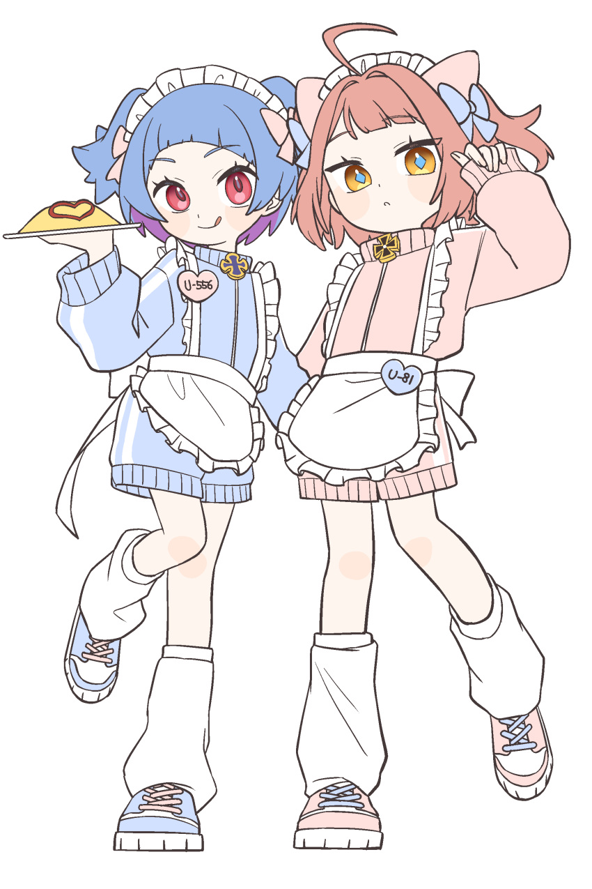 2girls, :q, absurdres, ahoge, apron, azur_lane, blue_hair, blue_pupils