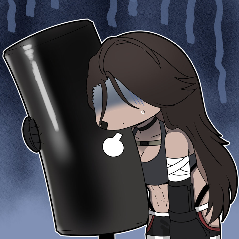 1girl, artist_request, bandaged_arm, bandages, black_shorts, black_sports_bra, boxing_gloves, brown_hair, chibi, chibi_only, chinese_commentary, dark-skinned_female, dark_skin, exhausted, girls'_frontline_neural_cloud, girls_frontline, gloom_(expression), hip_vent, long_hair, magnhilda_(neural_cloud), muscular, muscular_female, official_art, partially_shaded_face, puff_of_air, punching_bag, second-party_source, shorts, sports_bra