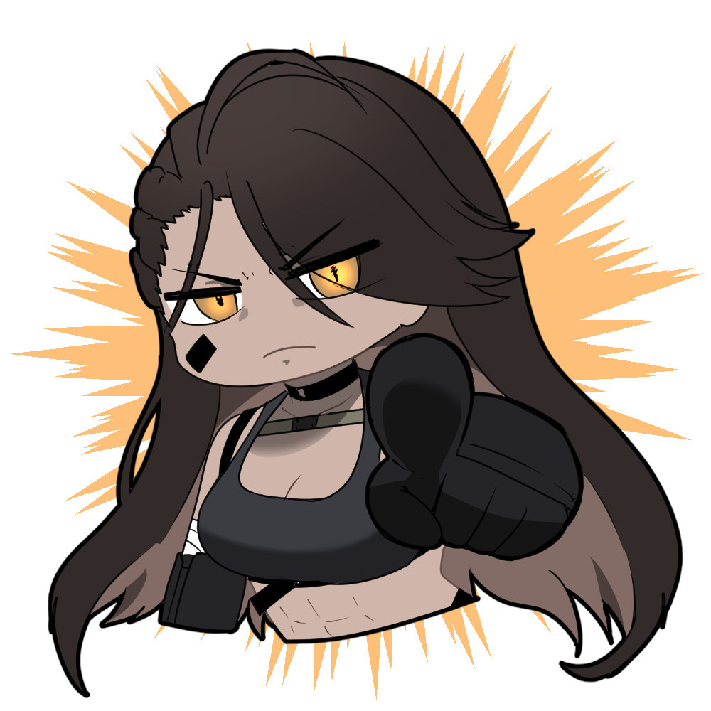 1girl, abs, artist_request, black_gloves, black_sports_bra, brown_hair, chibi, chibi_only