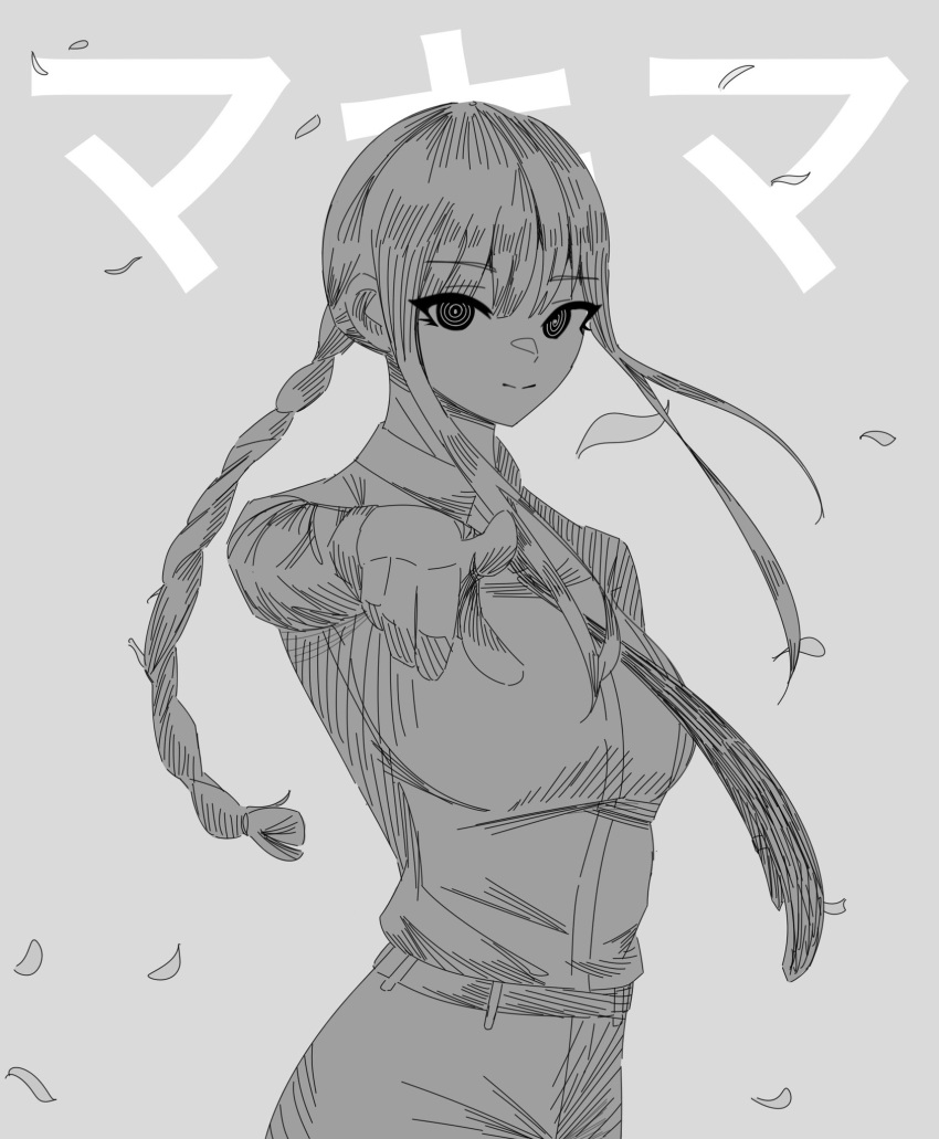1girl, arm_up, blunt_bangs, braid, breasts, chainsaw_man, choppy_bangs, collared_shirt