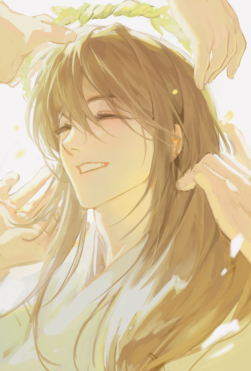 1boy, absurdres, adam's_apple, chinese_clothes, closed_eyes, grin, hand_in_another's_hair, hanfu