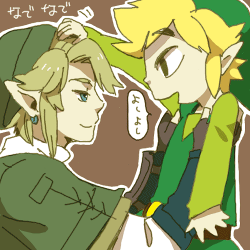 2boys, blonde_hair, blue_eyes, carrying, dual_persona, earrings, gloves, hat, jewelry, link, lowres, multiple_boys, nintendo, petting, pointy_ears, rito_(kinokosoup), smile, the_legend_of_zelda, toon_link, twilight_princess, wind_waker