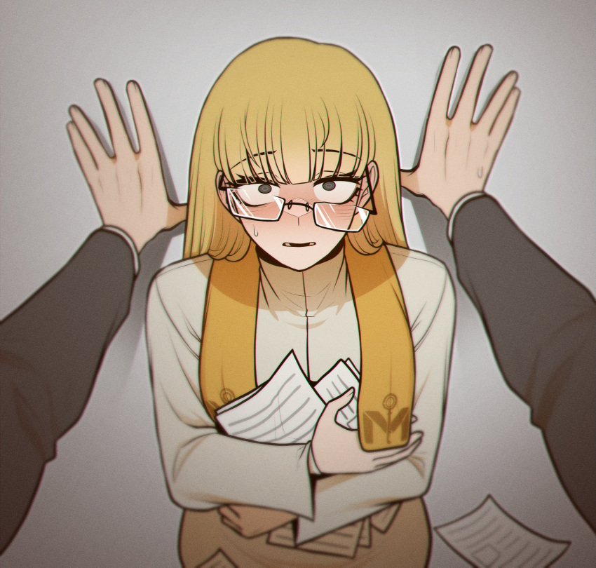 1girl, 1other, black_eyes, black_jacket, blonde_hair, blunt_bangs, blush, coat