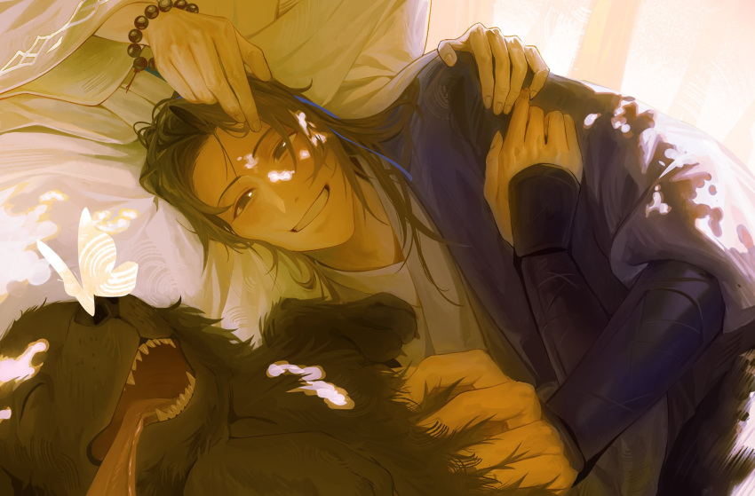 2boys, bead_bracelet, beads, blue_hanfu, blue_ribbon, bracelet, brown_eyes, brown_hair, bug, butterfly, chinese_clothes, commission, dog, du_zhu_you_bing, grin, hair_ribbon, hand_on_another's_head, hand_on_another's_shoulder, hanfu, head_out_of_frame, highres, jewelry, lap_pillow, long_hair, long_sleeves, looking_at_viewer, male_focus, multiple_boys, petting, ribbon, second-party_source, smile, tree, unholymilk, upper_body, white_hanfu, wide_sleeves, xiahou_lian, xie_jinglan