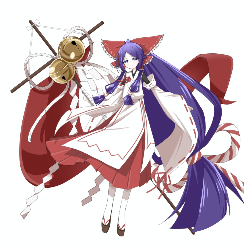 1girl, absurdly_long_hair, bell, black_undershirt, blunt_ends, bow, chihaya_(clothing), closed_mouth