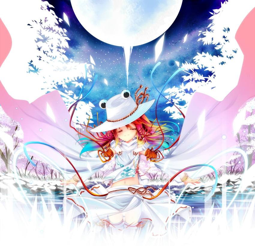 alternate_color, closed_eyes, detached_sleeves, embellished_costume, eyes_closed, full_moon, gradient_hair, hat, highres, kamiya_yuu, m.u.g.e.n, midriff, moon, moriya_suwako, mugen_(game), multicolored_hair, navel, night, night_sky, outstretched_arms, short_hair, sky, smile, solo, star_(sky), starry_sky, thigh-highs, thighhighs, touhou, white_legwear, white_thighhighs, wide_sleeves, zettai_ryouiki