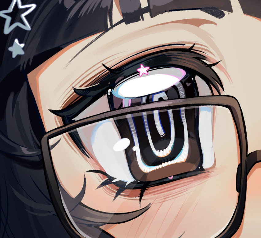 1girl, @_@, black_hair, blunt_bangs, close-up, erinartista, eyelashes, glasses