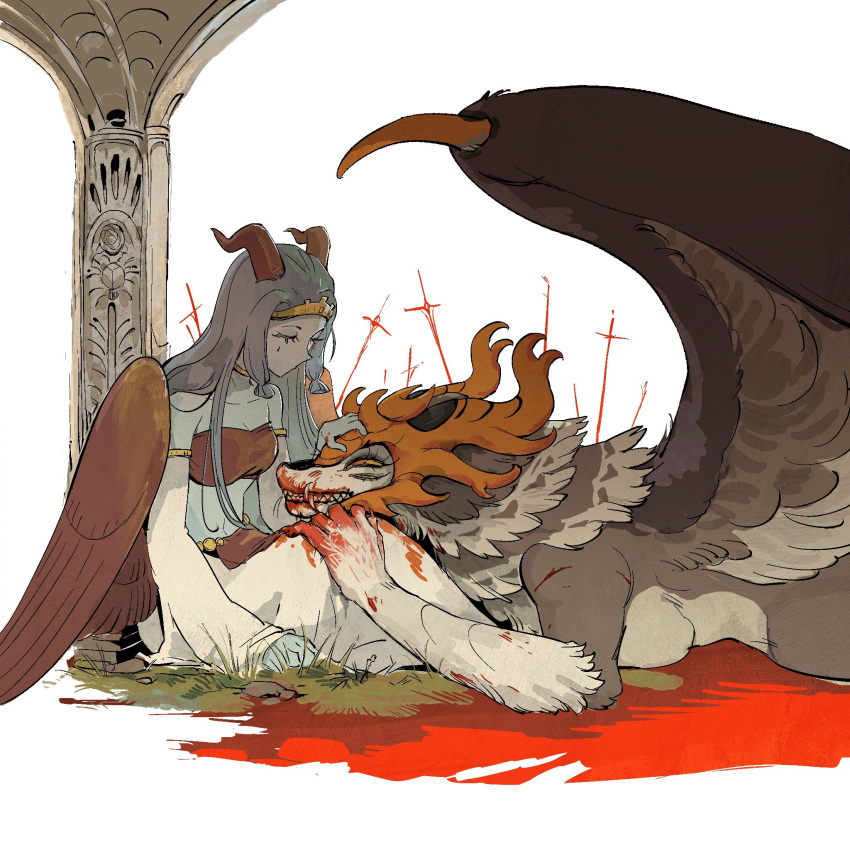 2girls, animal_ears, animal_nose, bird, blood, blood_on_face, body_fur, breasts