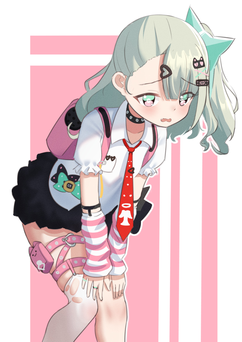 1girl, absurdres, backpack, bag, black_skirt, blush, bow, chinatsu_remiel, collarbone, collared_shirt, detached_sleeves, edmundnfk, fang, feet_out_of_frame, green_hair, grey_hair, hair_between_eyes, hair_bow, hair_ornament, hairclip, hands_on_own_knees, highres, layered_sleeves, leaning_forward, leg_ribbon, long_hair, long_sleeves, necktie, one_side_up, pink_background, pleated_skirt, puffy_long_sleeves, puffy_short_sleeves, puffy_sleeves, red_necktie, ribbon, shirt, short_over_long_sleeves, short_sleeves, single_thighhigh, skirt, sleeves_past_wrists, solo, thigh-highs, two-tone_background, virtual_youtuber, wavy_mouth, white_background, white_shirt, white_sleeves, white_thighhighs, zenless_zone_zero