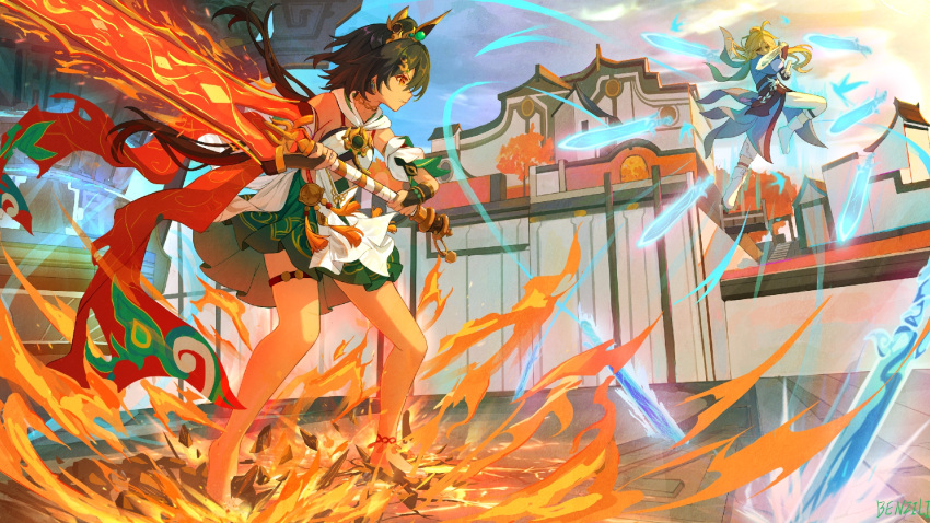1boy, 1girl, architecture, barefoot, benzi_li, black_hair, blonde_hair, blue_jacket