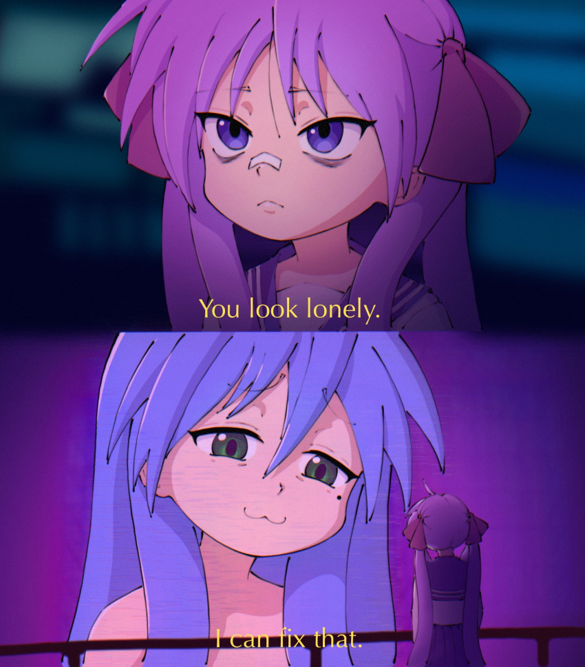2girls, blade_runner_2049, blue_hair, green_eyes, highres, hiiragi_kagami, izumi_konata, lucky_star