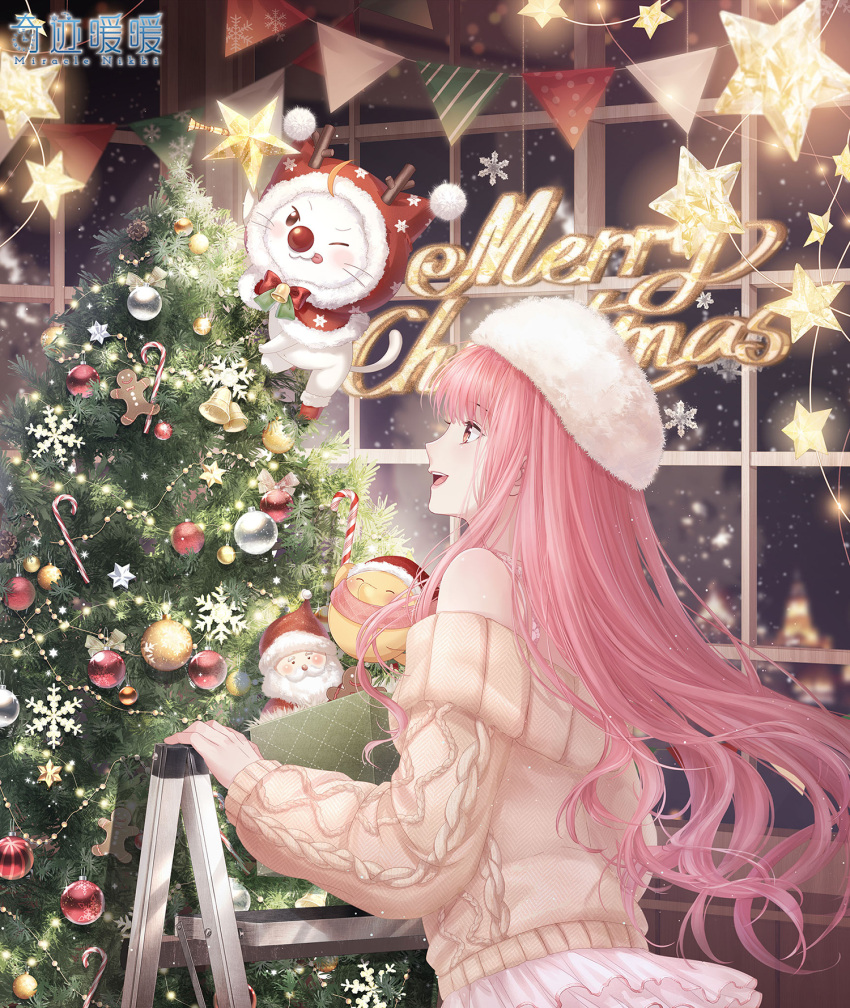 1girl, bare_shoulders, bell, brown_eyes, cat, christmas_tree, copyright_name, decorating_christmas_tree