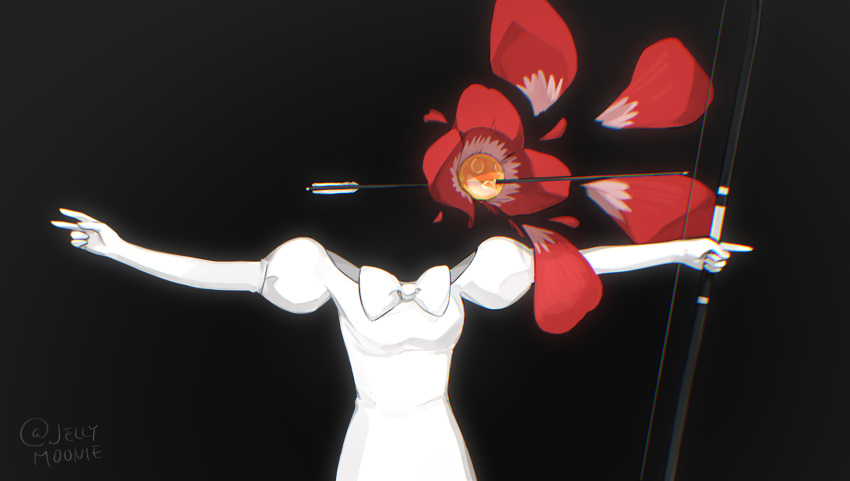 1girl, alien_stage, arrow_(projectile), bow, bow_(weapon), commentary, dress, dress_bow, english_commentary, flower, highres, holding, holding_bow_(weapon), holding_weapon, mani_mani_(vocaloid), mixed-language_commentary, moonie, no_humans, red_flower, red_petals, signature, solo, sua_(alien_stage), weapon, white_bow, white_dress