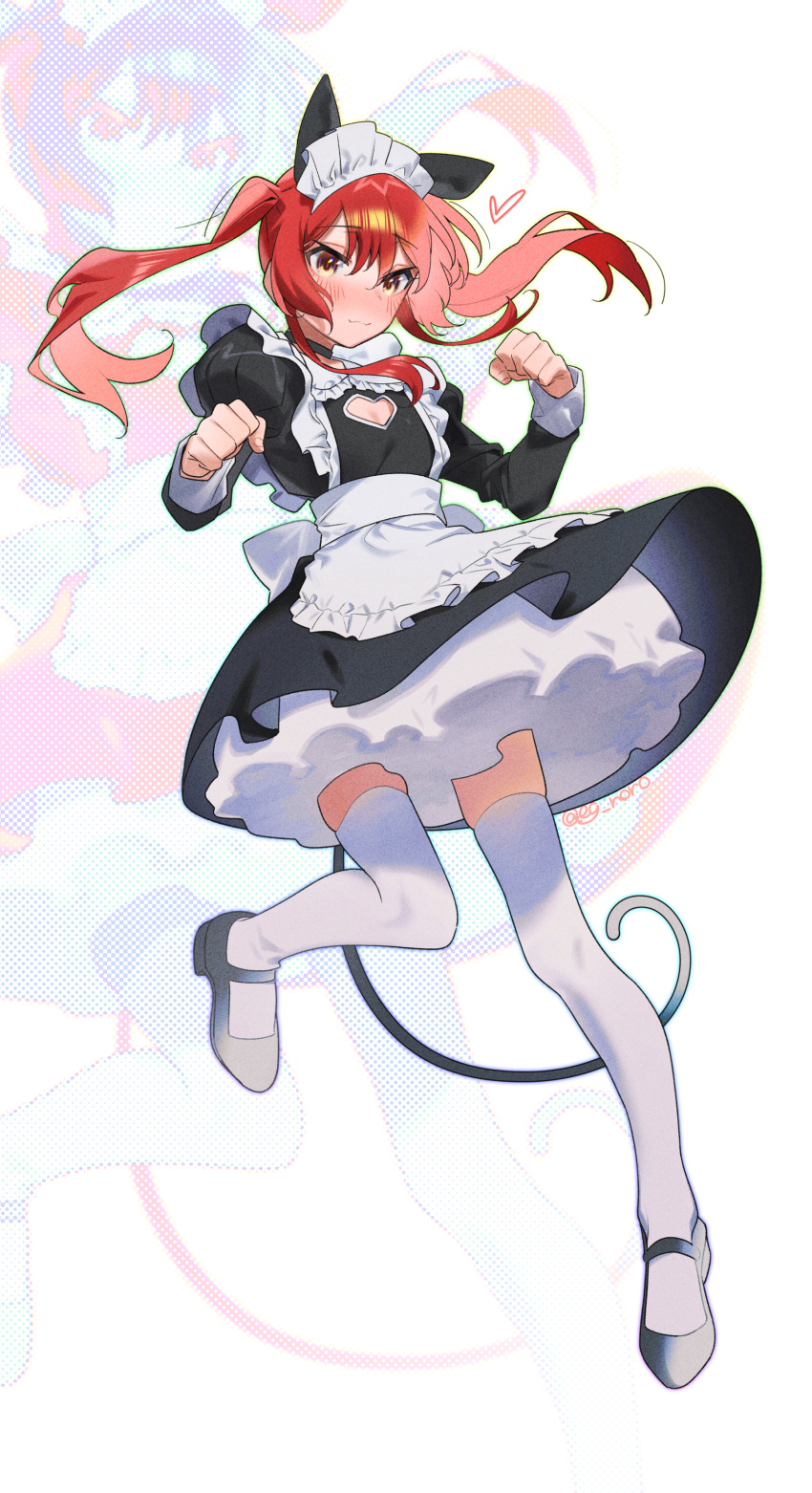 1girl, :3, absurdres, alternate_costume, alternate_hairstyle, animal_ears, apron, black_dress, blush, bocchi_the_rock!, bubble_skirt, cat_ears, cat_tail, cleavage_cutout, clenched_hands, closed_mouth, clothing_cutout, dress, fake_animal_ears, fake_tail, floating, frilled_apron, frilled_dress, frills, full_body, green_eyes, grey_shoes, hands_up, heart_cutout, highres, juliet_sleeves, kita_ikuyo, leg_up, long_hair, long_sleeves, looking_at_viewer, maid_headdress, parted_bangs, paw_pose, puffy_sleeves, red_hair, shoes, simple_background, skirt, sofa_(enogunomu), solo, tail, thigh-highs, twintails, twitter_username, white_apron, white_background, white_thighhighs, zoom_layer