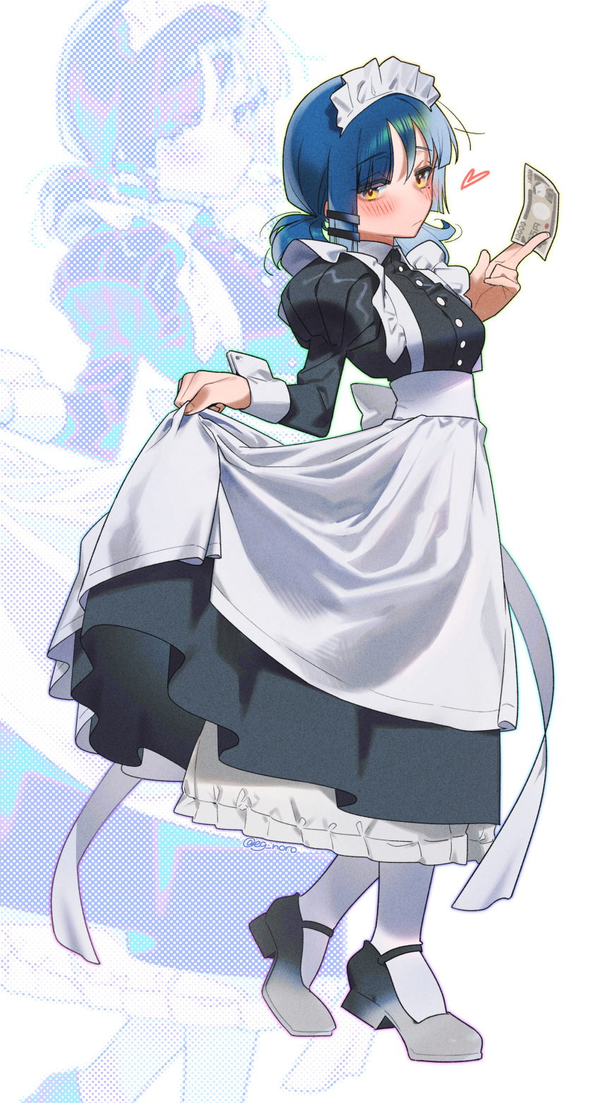 1girl, absurdres, apron, back_bow, black_dress, black_shoes, blue_hair, blush