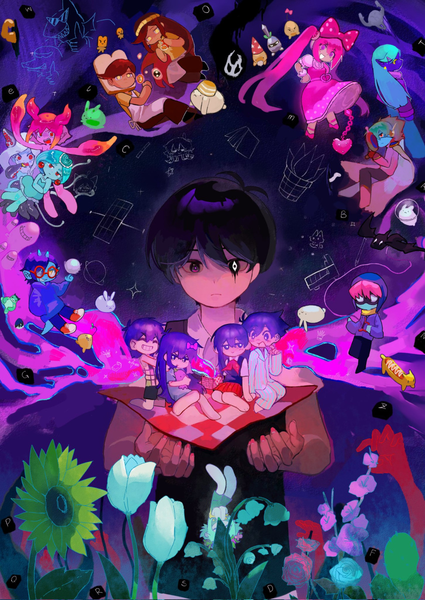 6+boys, 6+girls, antenna_hair, apron, aubrey_(headspace)_(omori), aubrey_(omori), bangs_(omori), barefoot