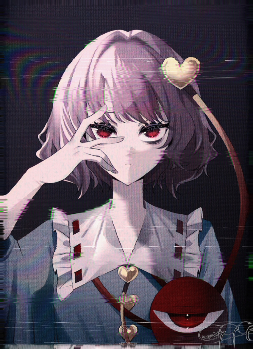 1girl, absurdres, arm_up, bags_under_eyes, blue_shirt, buttons, chinese_commentary, closed_mouth