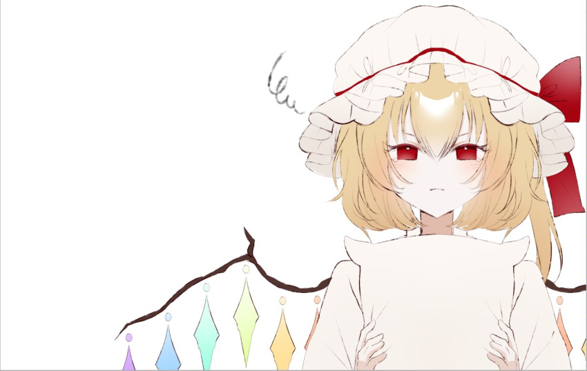 1girl, blonde_hair, bow, chinese_commentary, closed_mouth, commentary_request, eyelashes, flandre_scarlet
