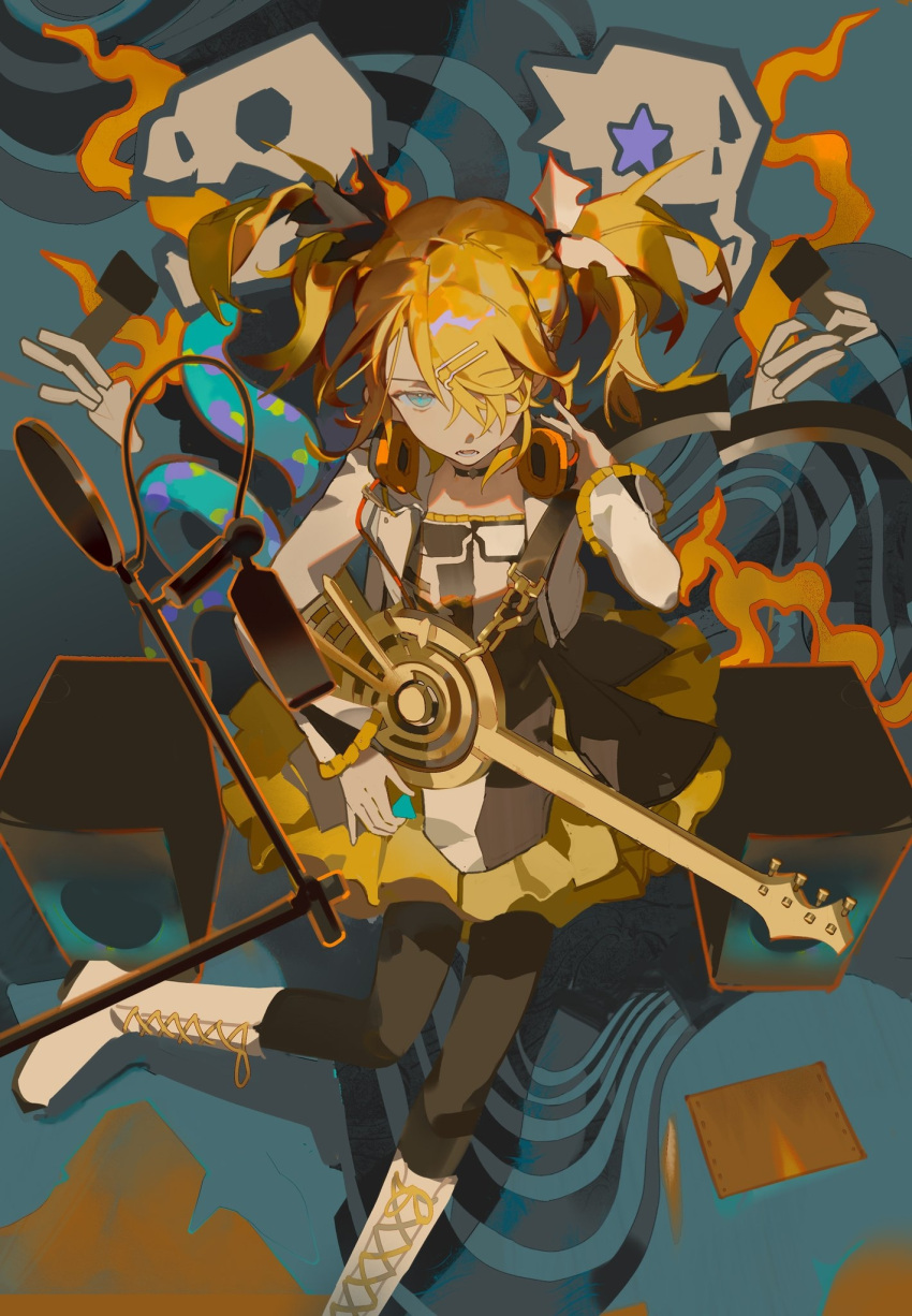 1girl, aqua_eyes, asymmetrical_bangs, blonde_hair, boots, dress, english_commentary, frilled_dress, frills, guitar, hair_ornament, hair_over_one_eye, hairclip, headphones, headphones_around_neck, hegong, highres, holding, holding_guitar, holding_headphones, holding_instrument, instrument, kagamine_rin, kagamine_rin_(roshin_yuukai/hard_rkmix), knee_boots, long_hair, looking_at_viewer, lower_teeth_only, microphone, microphone_stand, open_mouth, roshin_yuukai_(vocaloid), solo, speaker, teeth, twintails, vocaloid, white_boots