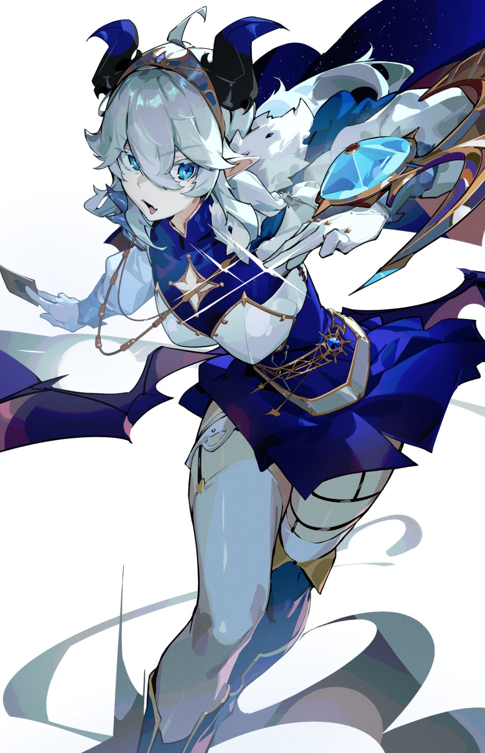 +_+, 1girl, asymmetrical_legwear, black_horns, blue_dress, blue_eyes, card, dress