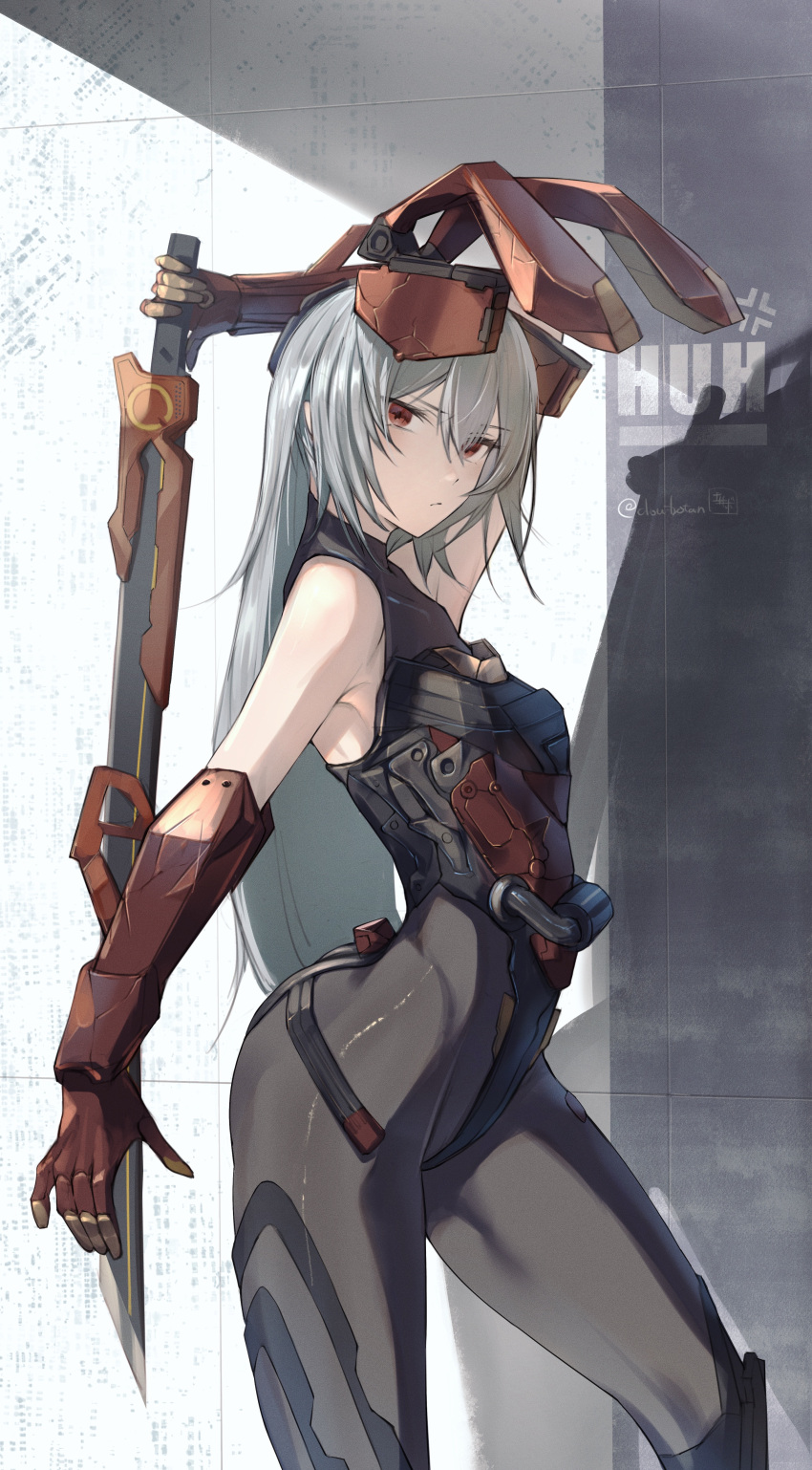 1girl, absurdres, animal_ears, bare_shoulders, bodysuit, breasts, commentary_request, douibotan, elbow_gloves, expressionless, from_side, frown, girls'_frontline_2:_exilium, girls_frontline, gloves, hair_between_eyes, highres, holding, holding_sword, holding_weapon, krolik_(girls'_frontline_2), looking_at_viewer, mechanical_ears, over_shoulder, rabbit_ears, red_eyes, red_gloves, small_breasts, solo, standing, sword, sword_over_shoulder, thighs, weapon, weapon_over_shoulder, white_hair