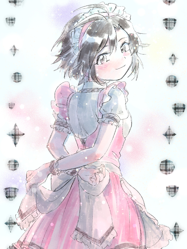 1girl, antenna_hair, apron, black_hair, blush, dress, en_trtr, grey_eyes