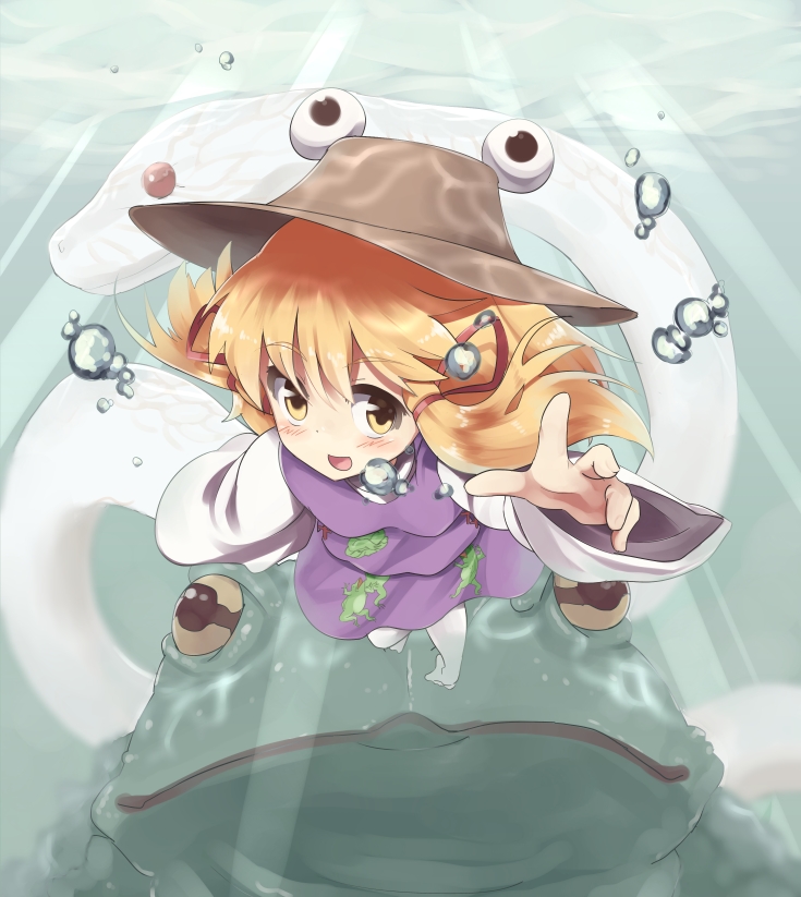 blonde_hair, frog, hat, moriya_suwako, short_hair, sil, snake, solo