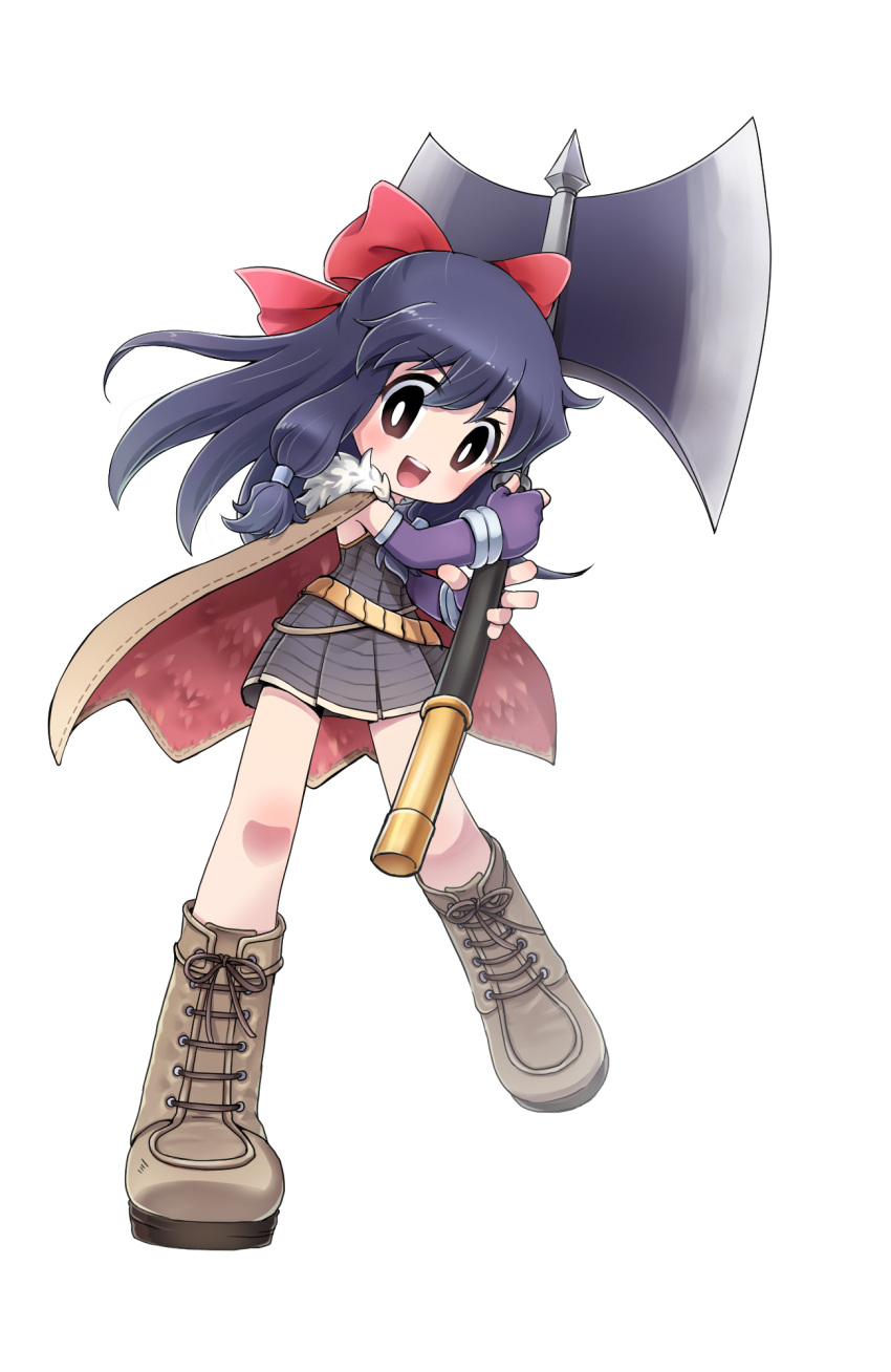 1girl, alchemist_(ragnarok_online), axe, black_hair, blush, boots, bow, brown_boots