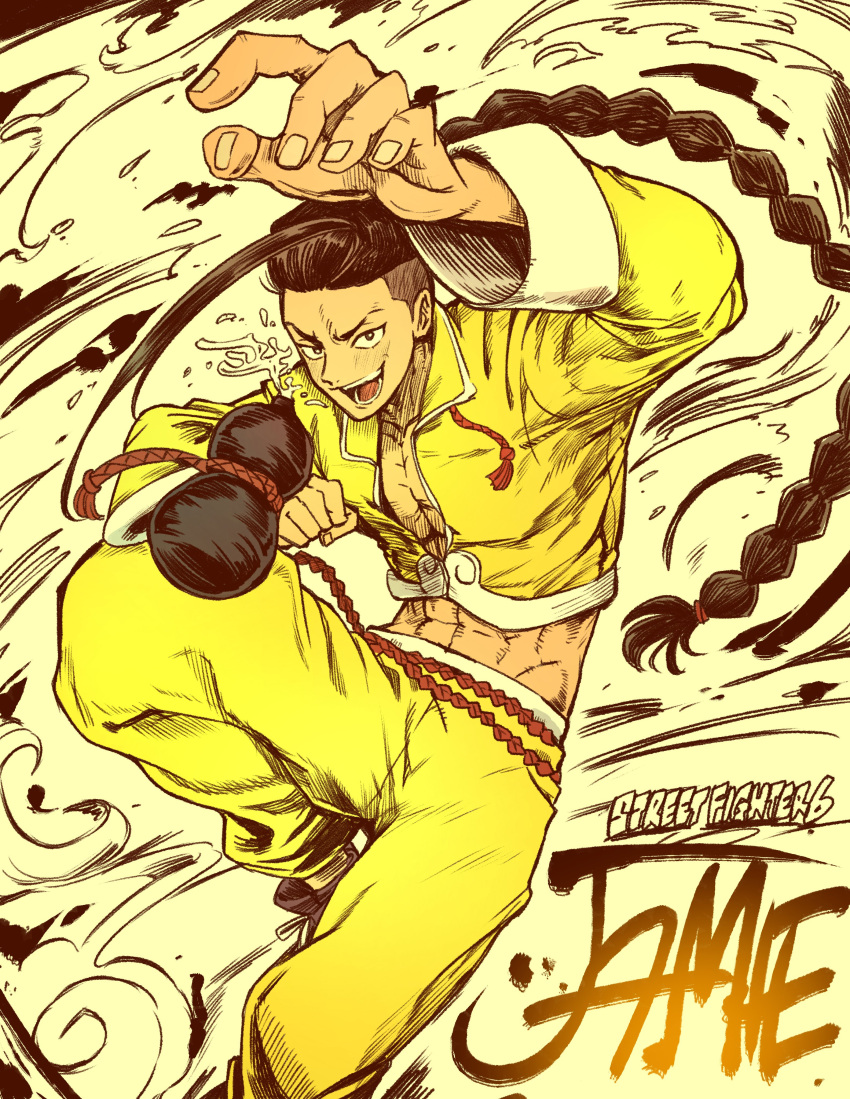 1boy, absurdres, black_hair, braid, character_name, copyright_name, drunken_fist, dynamic_pose
