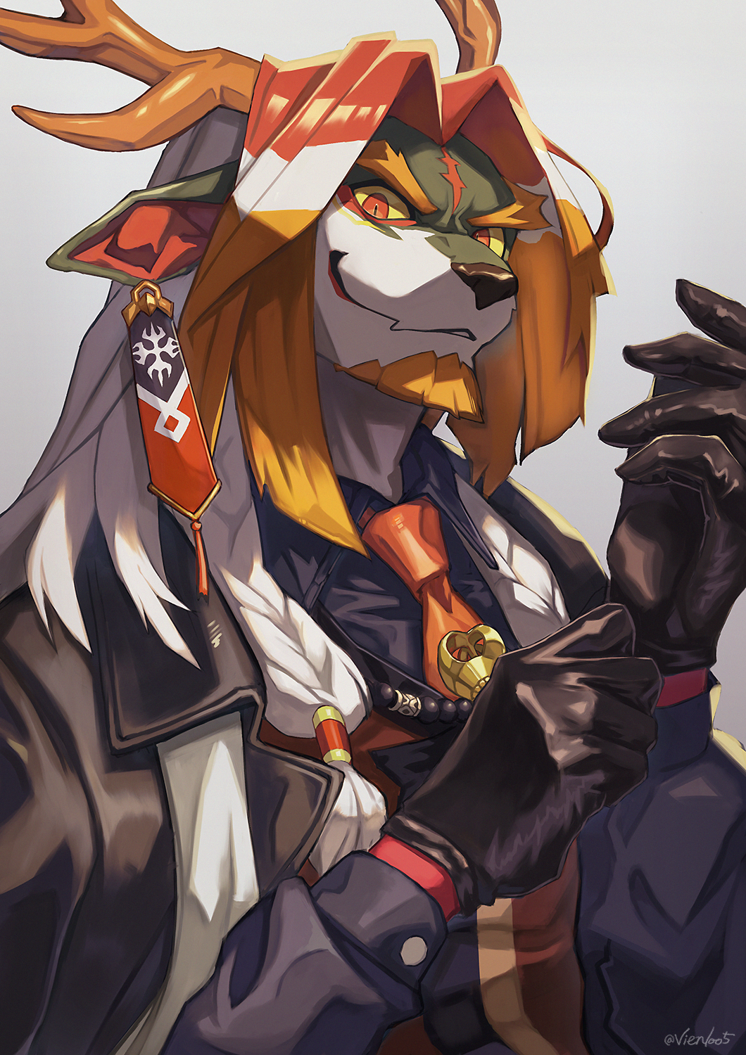 1boy, adjusting_clothes, adjusting_gloves, black_coat, black_gloves, black_shirt, blonde_hair, braid