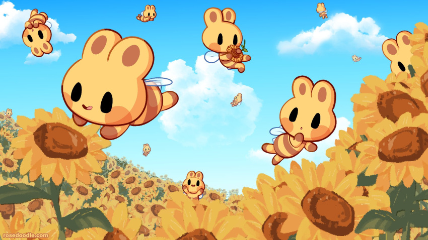 :o, blue_sky, blush, blush_stickers, clouds, commentary, day, english_commentary, field, flower, flower_field, flying, highres, holding, holding_flower, honeybun_(rosedoodle), insect_wings, mascot, no_humans, open_mouth, outdoors, rosedoodle_(artist), sky, smile, sunflower, vchiban, wings, yellow_flower