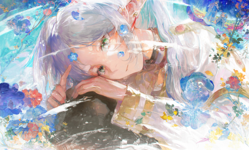 1girl, absurdres, blue_flower, capelet, closed_mouth, daylightallure, earrings, elf