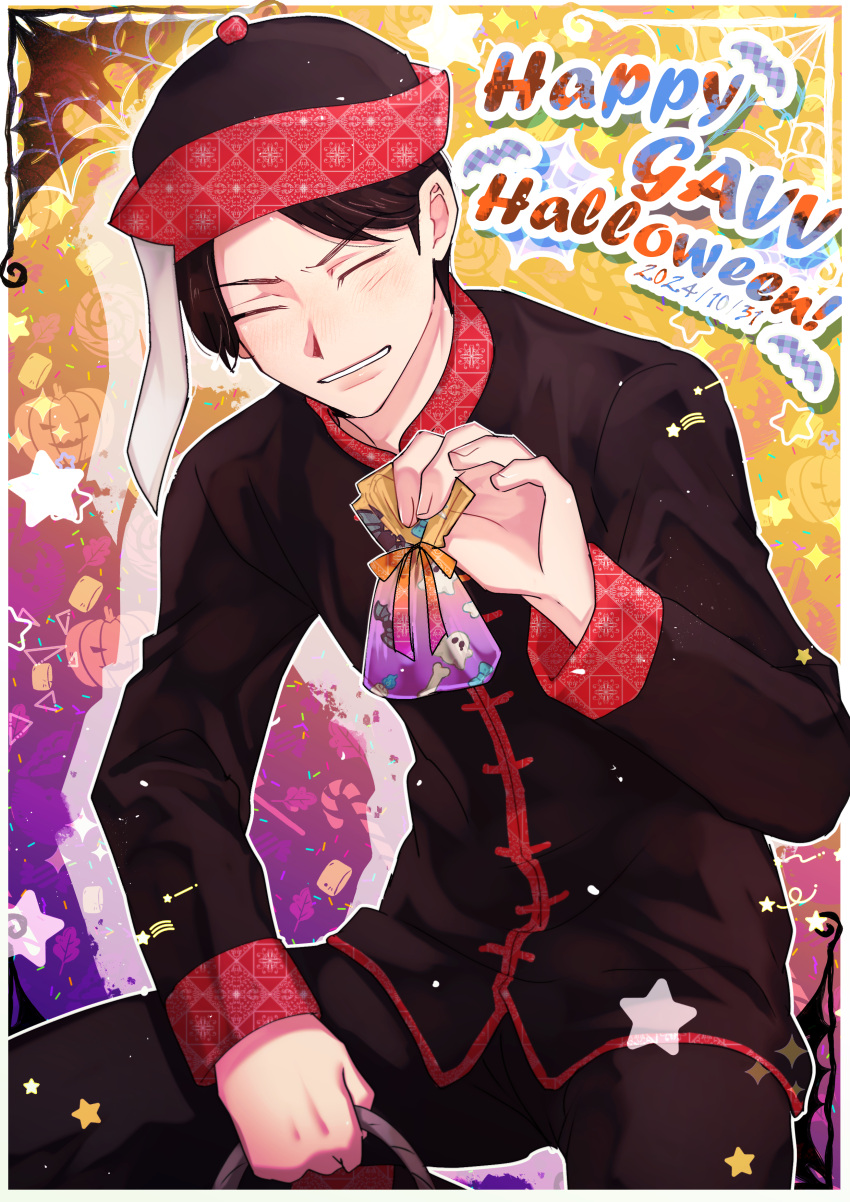 1boy, 2024, absurdres, bag, border, brown_hair, candy, chinese_clothes