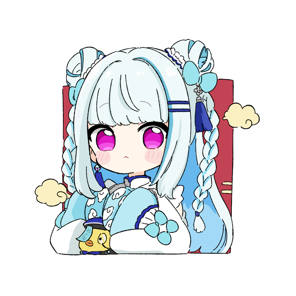 1girl, :<, blue_bow, blue_hair, blue_hat, blush_stickers, bow, braid