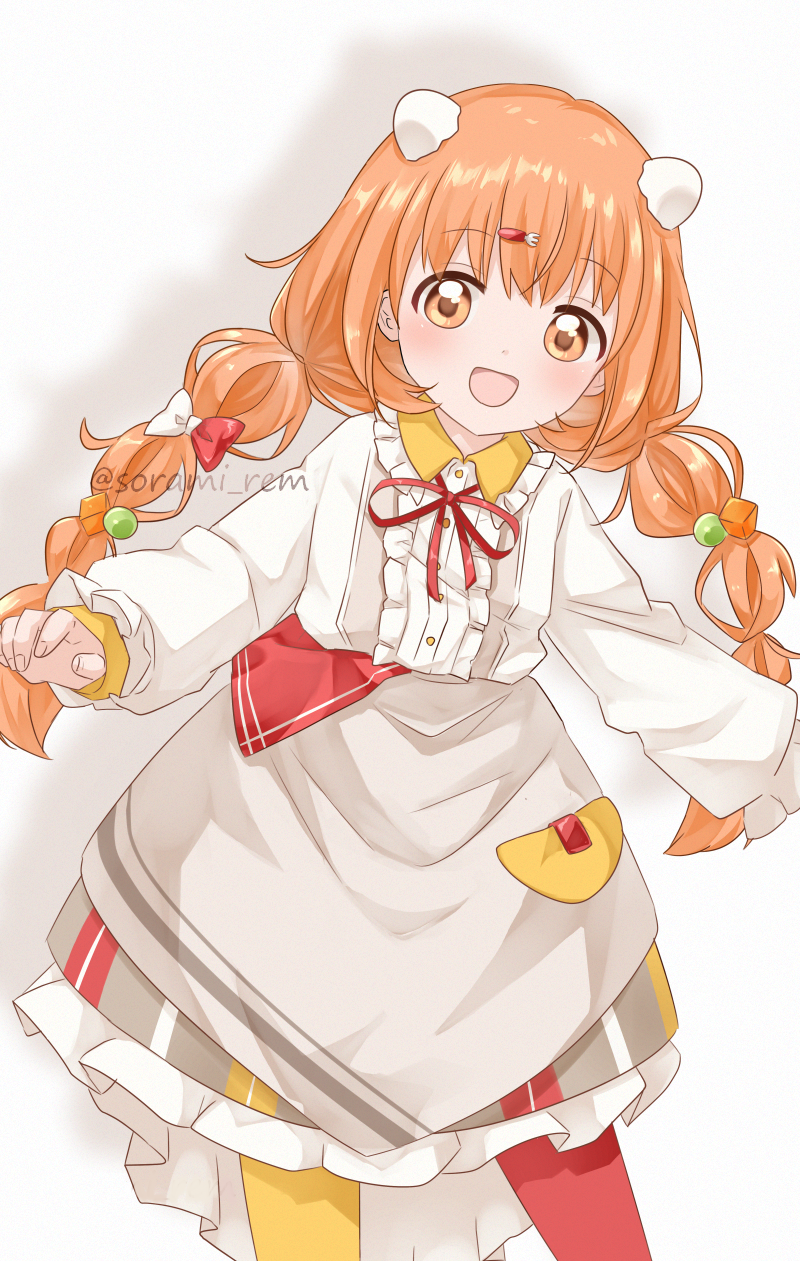 1girl, apron, apron_pocket, bow, center_frills, commentary_request, cube_hair_ornament, dress