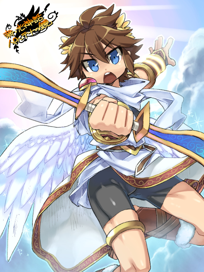 1boy, angel, angel_wings, bike_shorts, blue_eyes, blue_sky, bow_(weapon), eric_flay