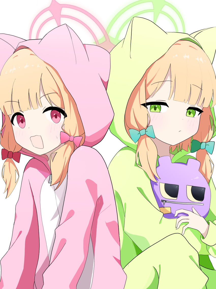 2girls, absurdres, alternate_costume, animal_costume, animal_ear_hood, animal_hood, blonde_hair, blue_archive
