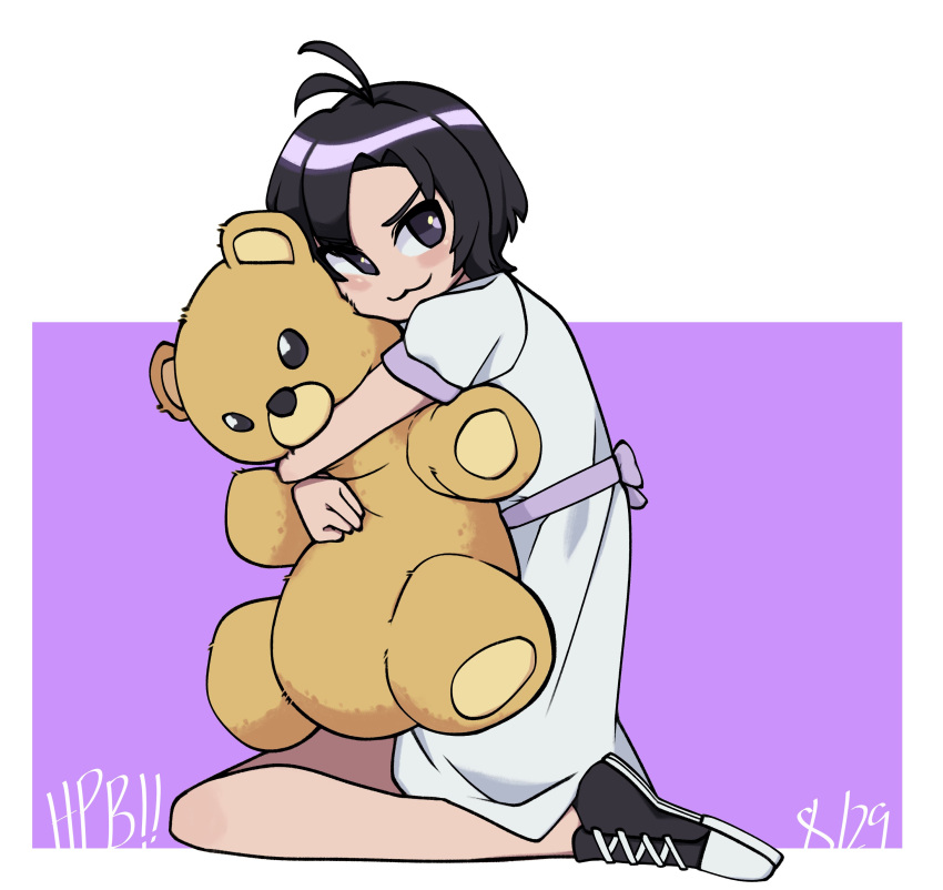 :3, absurdres, antenna_hair, bear, black_hair, highres, hugging_object, idolmaster