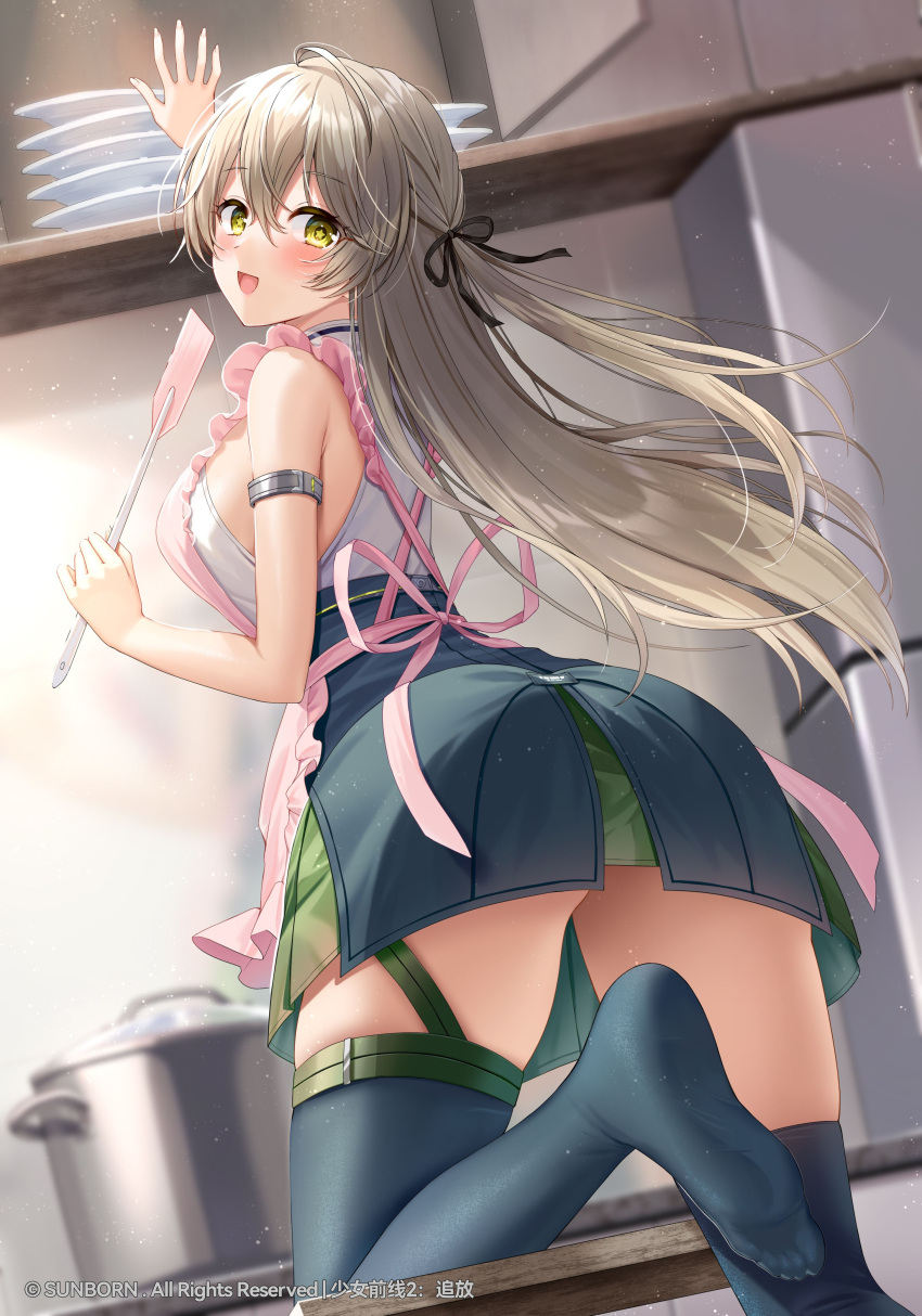 1girl, absurdres, apron, armband, bare_shoulders, black_bow, black_ribbon, bow