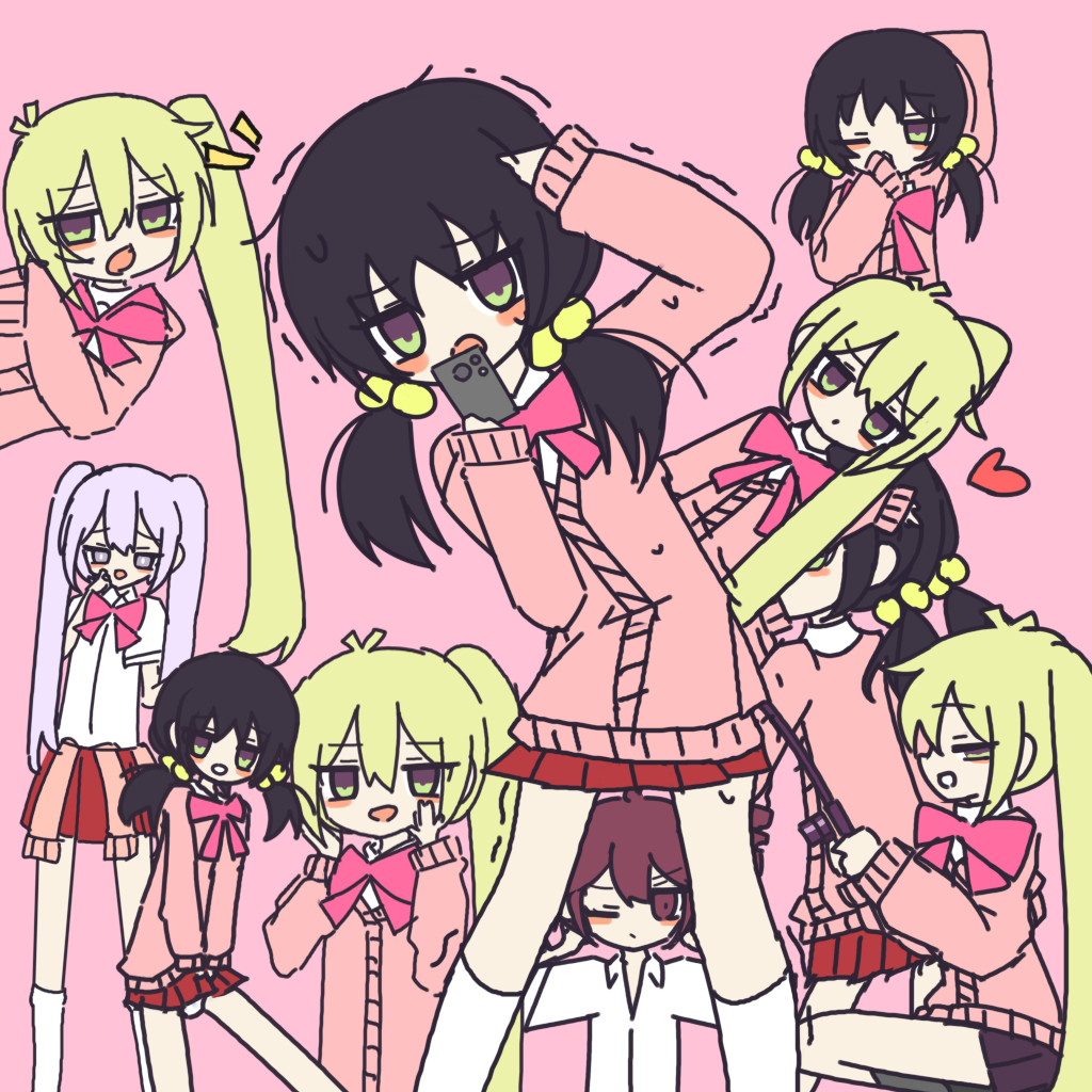 >3<, akita_neru, antenna_hair, bow, bowtie, cardigan, cardigan_around_waist, channel_(caststation)_(style)