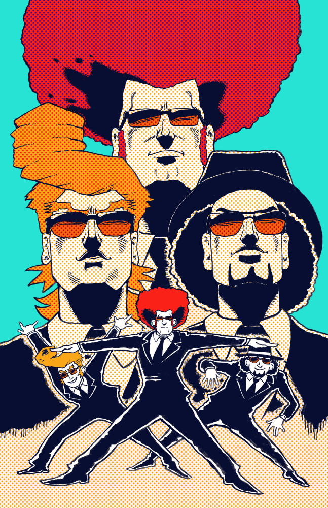 3boys, afro, agent_derek, agent_j, agent_morris, black_hair, black_hat, black_necktie