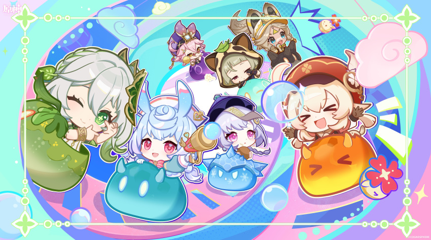 >_<, 6+girls, :d, :q, ;), absurdres, ahoge, anemo_slime_(genshin_impact)