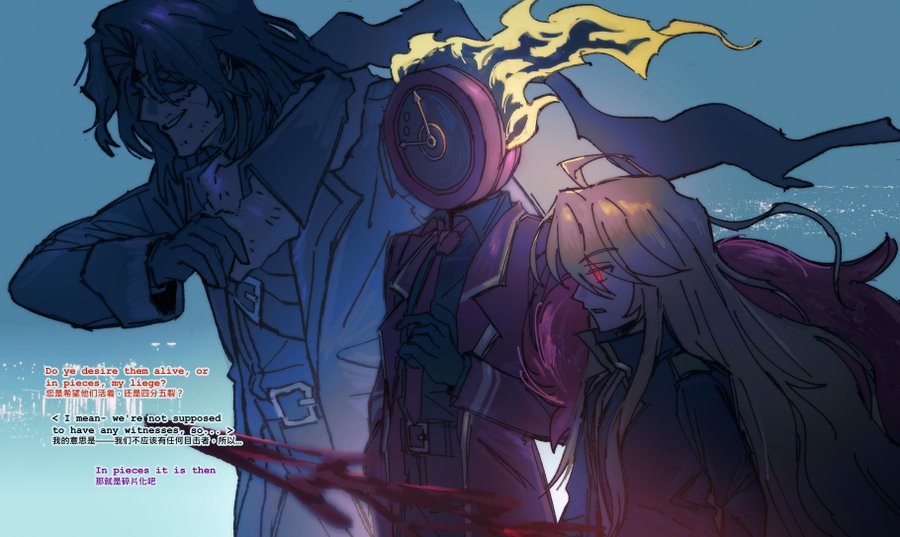 belt, blonde_hair, brown_hair, chinese_text, dante_(limbus_company), don_quixote_(project_moon), english_text, eyepatch, fivveweeks, gloves, glowing, glowing_eye, heathcliff_(project_moon), la_manchaland_(identity)_(project_moon), lance, limbus_company, necktie, polearm, project_moon, prosthetic_head, red_eyes, weapon, wuthering_heights_(identity)_(project_moon)