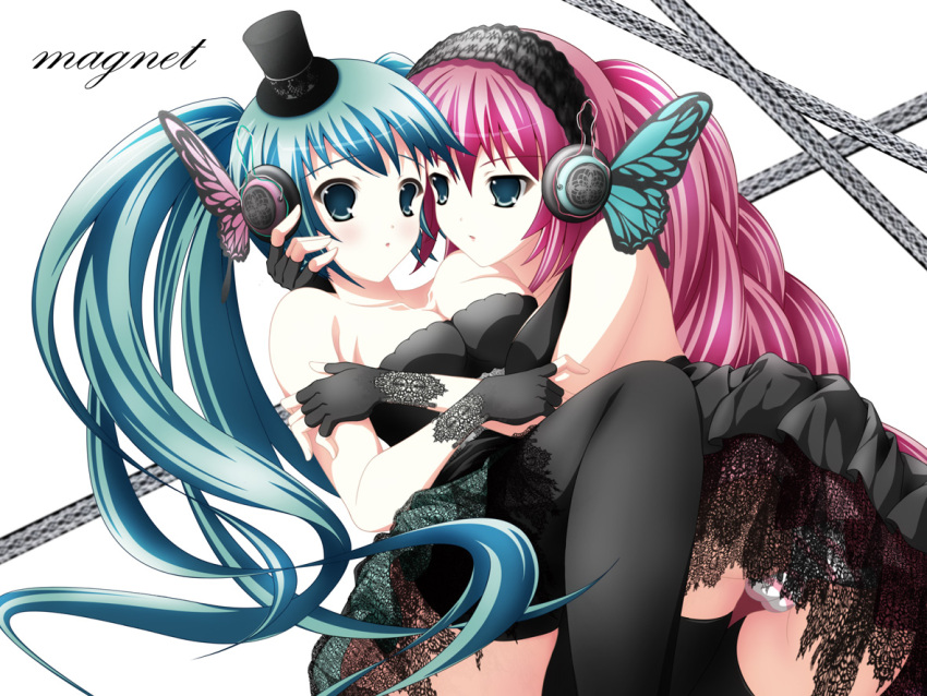 aqua_eyes, aqua_hair, breast_press, breasts, butterfly, fingerless_gloves, gloves, hat