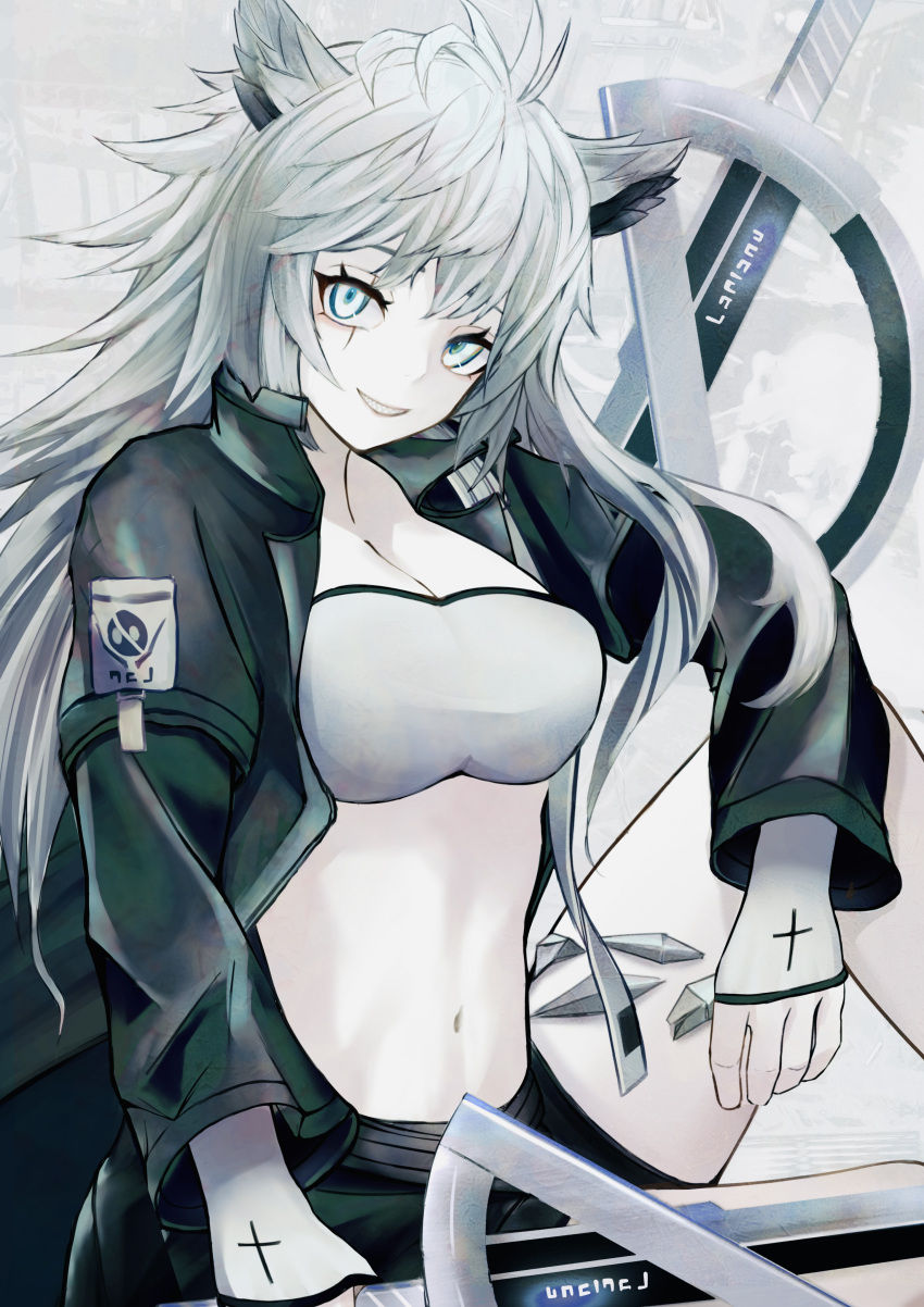 1girl, absurdres, animal_ear_fluff, animal_ears, arknights, bandeau, black_coat, black_jacket