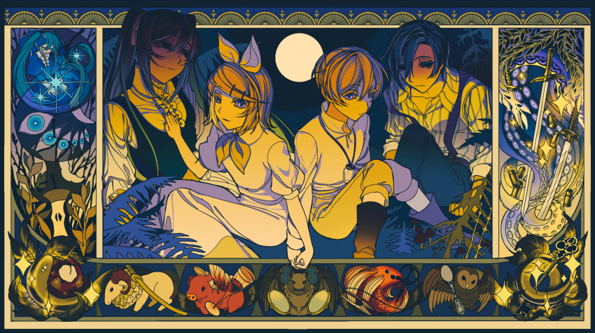 2boys, 2girls, 6+others, absurdres, adam_moonlit, apple, aqua_hair, bags_under_eyes, bat_(animal), bird, bitten_apple, blonde_hair, blouse, blue_dress, blue_hair, blue_pants, boots, brother_and_sister, brown_boots, bullet, clippers, clockworker's_doll, collar, collarbone, collared_dress, collared_shirt, cup, demon, dress, drinking_glass, empty_eyes, eve_moonlit, evillious_nendaiki, expressionless, father_and_daughter, father_and_son, fish, foliage, food, food_bite, four_mirrors_of_lucifenia, frilled_collar, frilled_shirt, frilled_sleeves, frills, fruit, full_moon, genzai_monogatari, gilles_derais_(evillious_nendaiki), glass_bottle, glass_of_conchita, goat, green_dress, green_hair, gretel_(evillious_nendaiki), grim_the_end, hands_on_another's_chest, hansel_(evillious_nendaiki), hatsune_miku, highres, holding_hands, insect_wings, kagamine_len, kagamine_rin, kaito_(vocaloid), katana, key, leaf, long_hair, marie_annette, marlon_spoon, mirror, moon, moonlit_bear_(vocaloid), mother_and_daughter, mother_and_son, mui4ioqaak9436, multiple_boys, multiple_girls, multiple_others, neckerchief, night, night_sky, okizari_tsukiyo_shou_(vocaloid), open_collar, owl, pants, pig, pinafore_dress, puffy_short_sleeves, puffy_sleeves, rahab_barisol, salem_buldar, scissors, shaded_face, shirt, short_hair, short_sleeves, siblings, sky, sleeveless, sleeveless_dress, smile, snake, spoon, striped_clothes, striped_shirt, suspenders, sword, tentacles, twin_blades_of_levianta, twins, twintails, venom_sword, very_long_hair, vessel_of_sin, violet_eyes, vlad_tuberci, vocaloid, weapon, white_dress, white_shirt, wine_glass, wings, yellow_neckerchief, yellow_pants